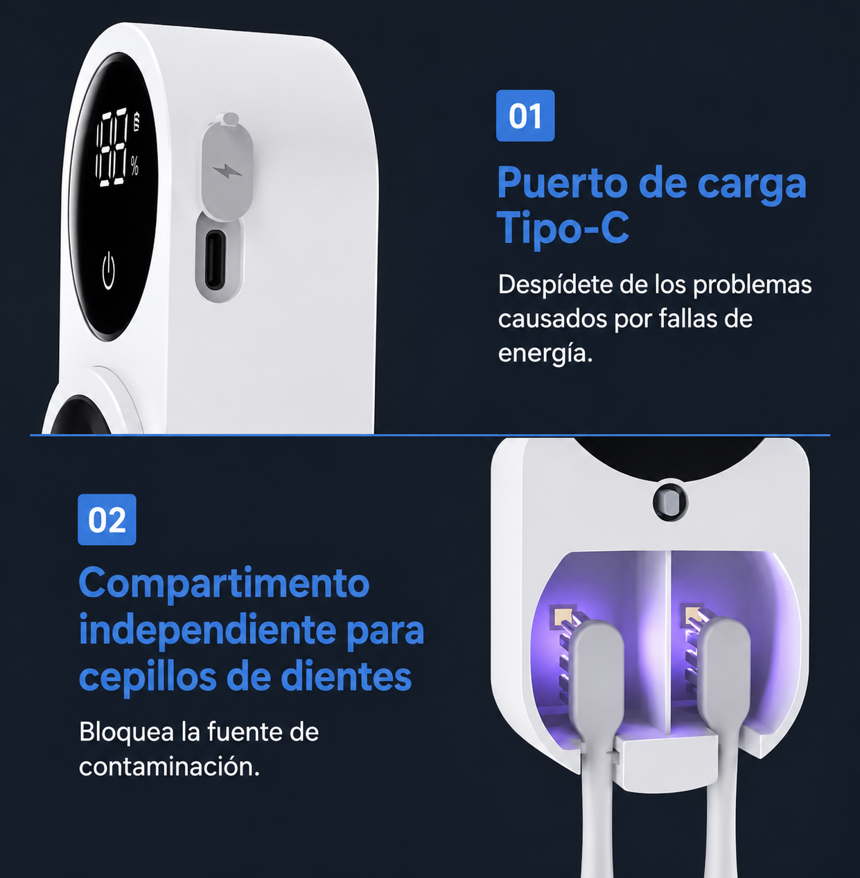Soporte Portacepillos Inteligente con Esterilizador UV y Carga USB - VANTT