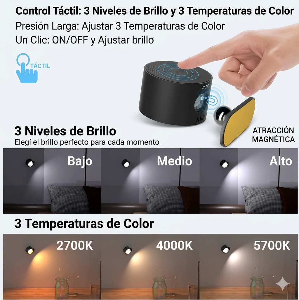 Lámpara de Pared VANT: Magnética, Recargable + Control Remoto
